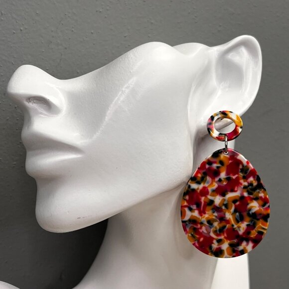 Chunky Confetti Acrylic Granite Earrings Large Dangle Teardrop Pink Yellow - Picture 3 of 6